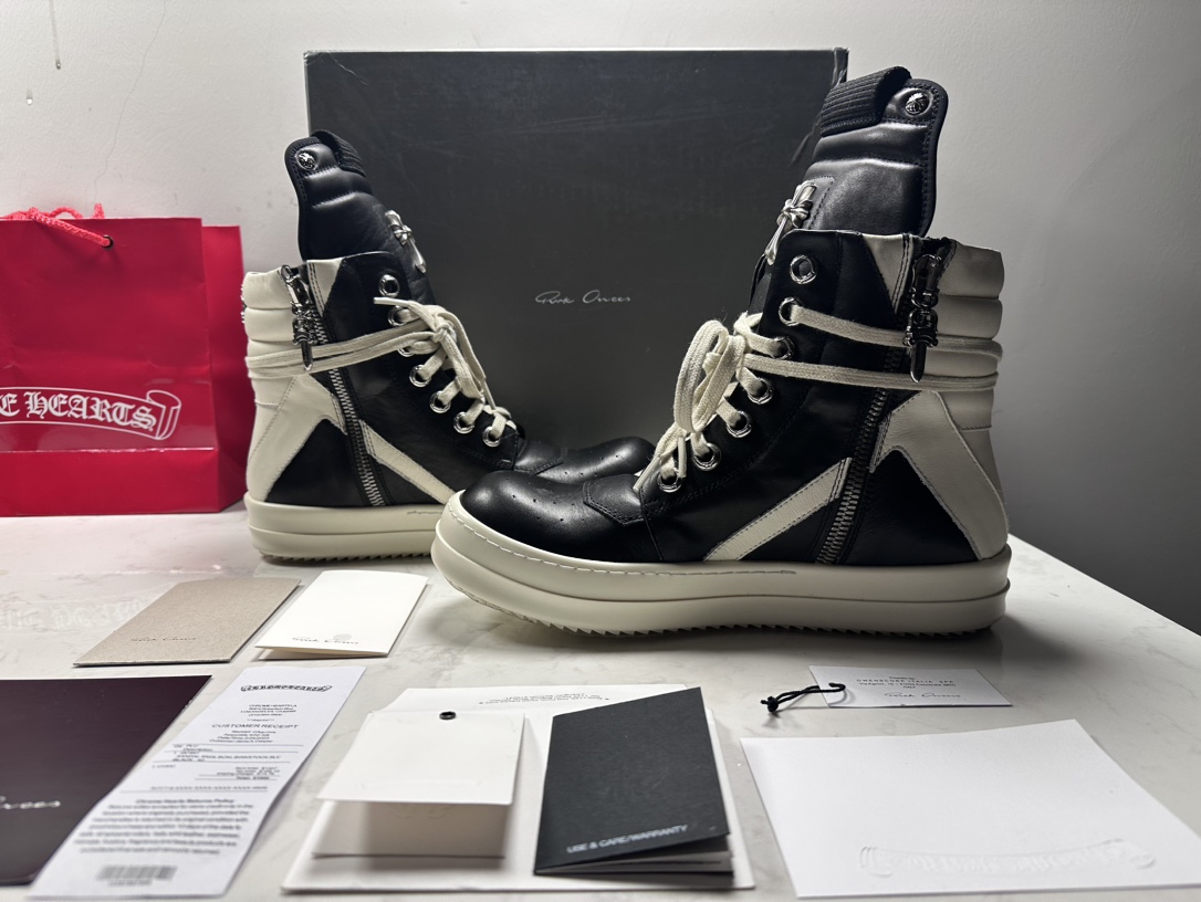 CH Chrome Hearts × Rick Owens LUXOR GEOBASKET Black/White Calfskin Sneakers (Inverted Triangle Style) Sizes: 36-45 (half sizes available)