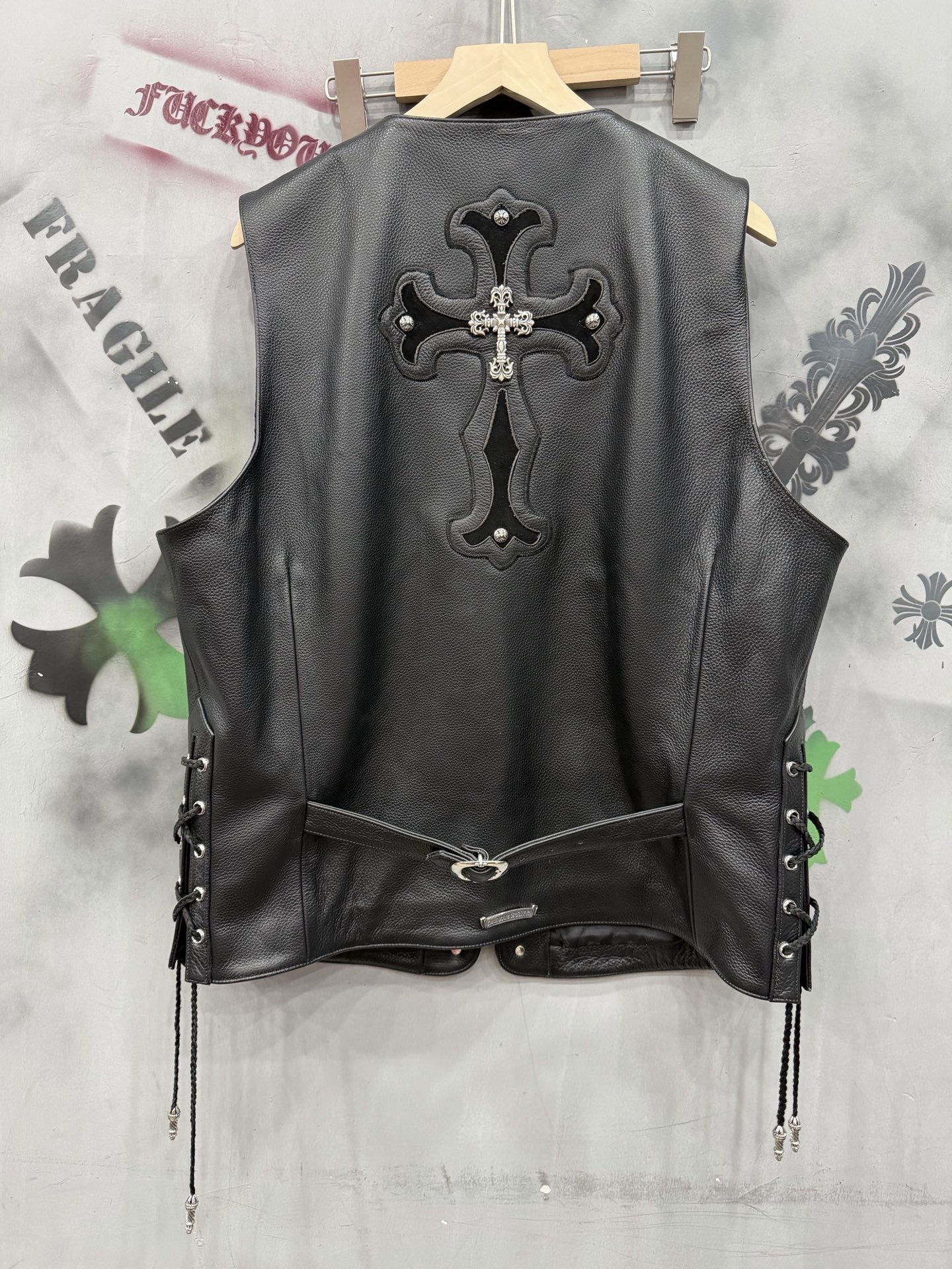 CH Chrome Hearts Heavy Industry Flame Cross Full Leather Motorcycle Vest. Sizes: S-XXL