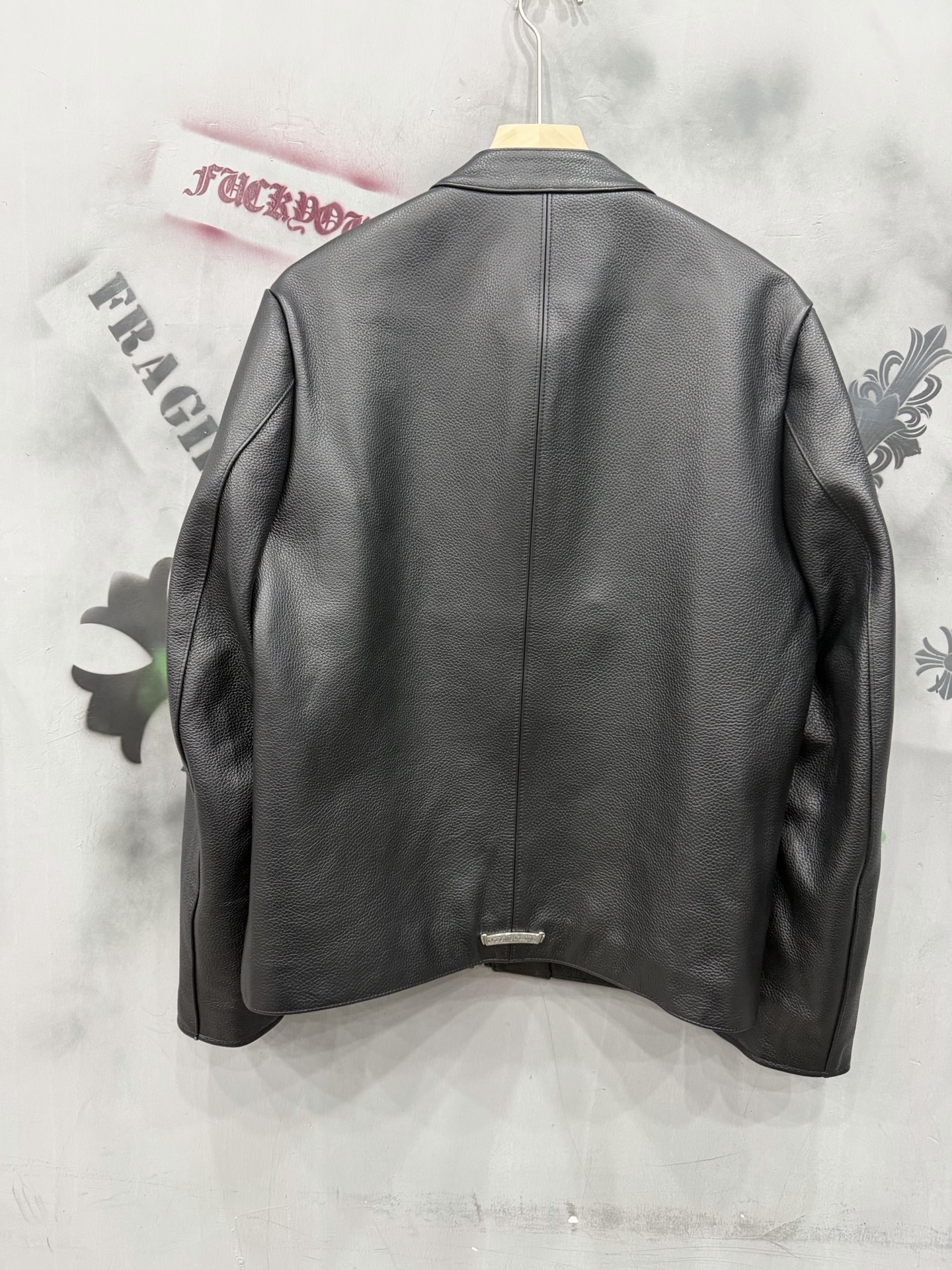 CH Chrome Hearts basic black ripped leather motorcycle jacket with zipper. Sizes: S-XXL