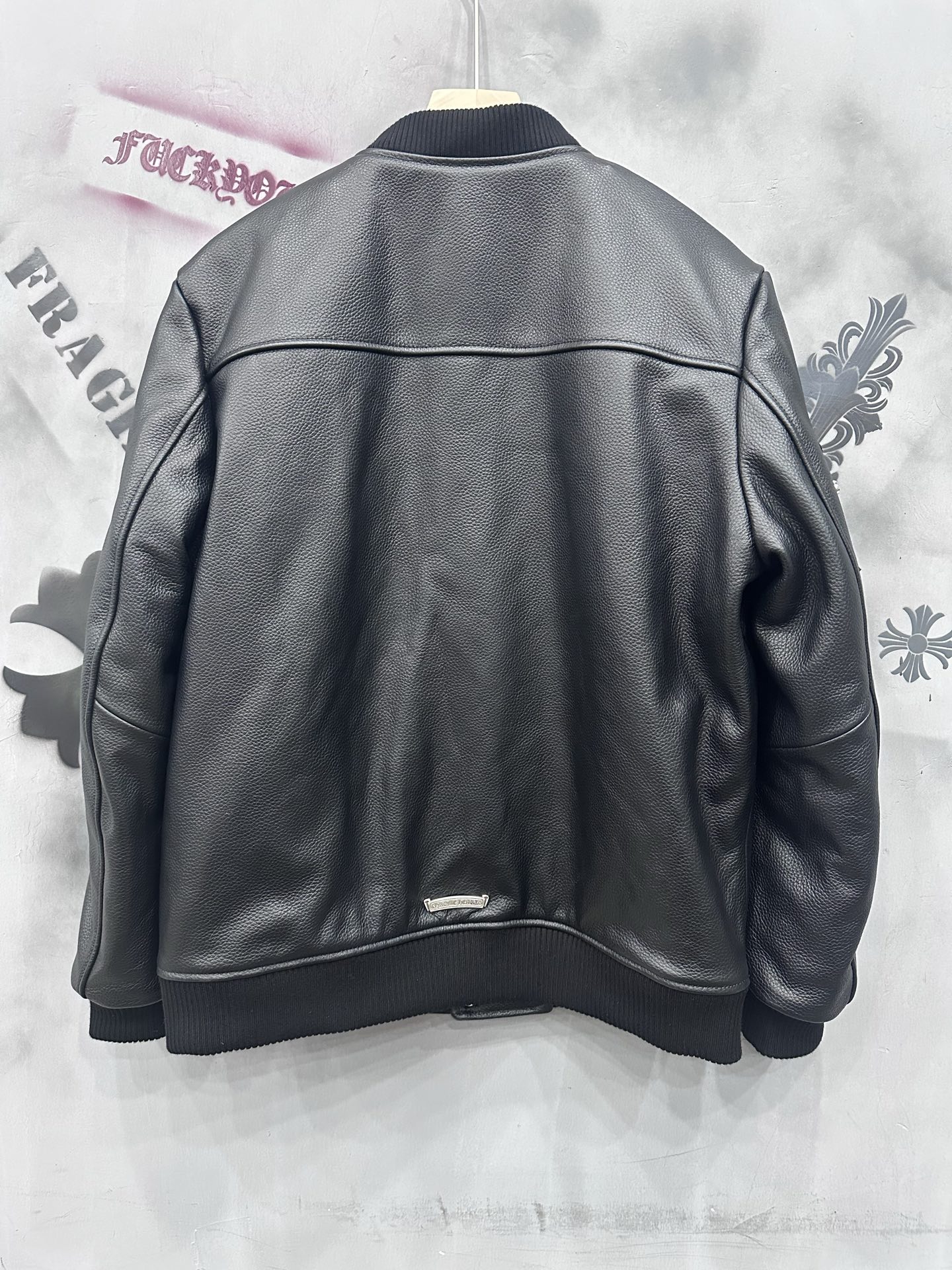 CH Chrome Hearts full-grain natural tumbled leather quilted heavy-duty baseball jacket. Sizes: XS-XXL