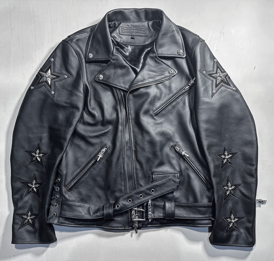 CH Chrome Hearts JJ Dean full-on five-pointed star motorcycle leather jacket. Specifications: Imported natural tumbled cowhide, made entirely from carefully selected cow back leather.