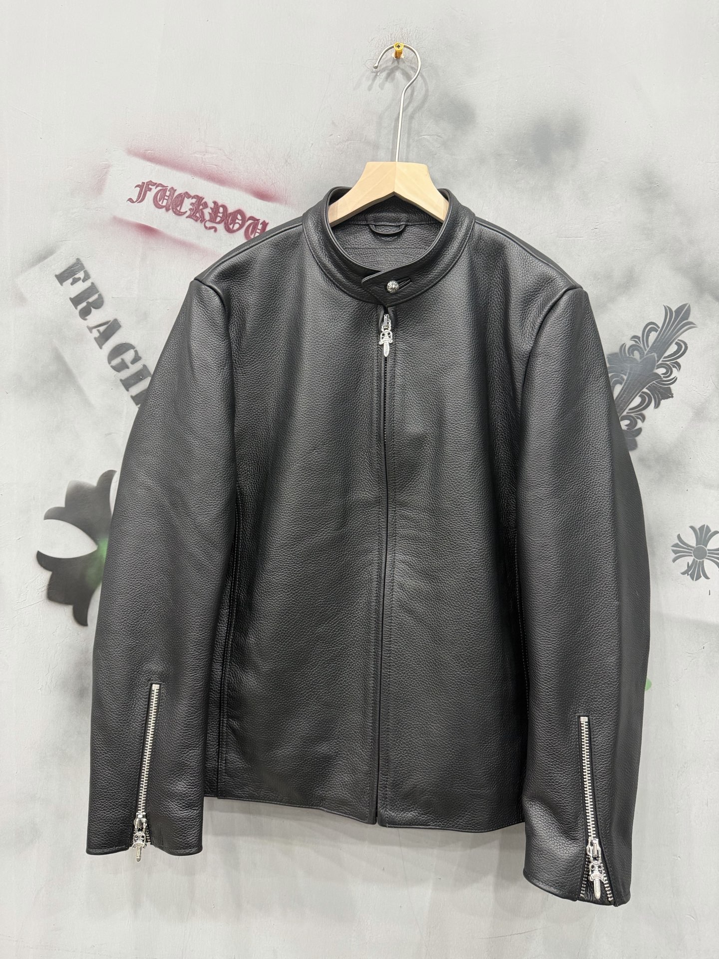 CH Chrome Hearts basic black ripped leather motorcycle jacket with zipper. Sizes: S-XXL