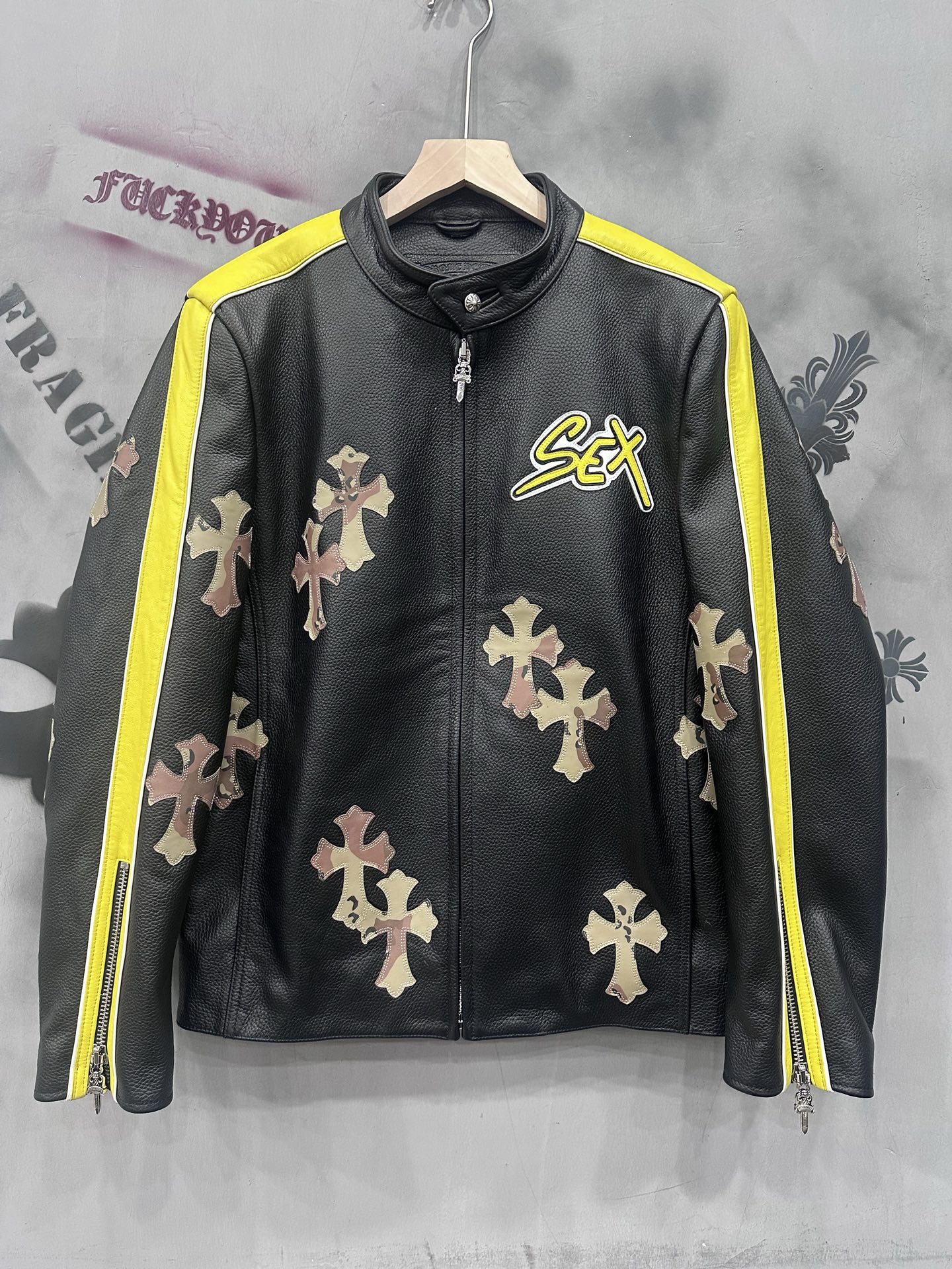 CH Chrome Hearts Sex Record Limited Edition Black Natural Textured Leather Zip-Up Motorcycle Jacket. Sizes: S-XXL