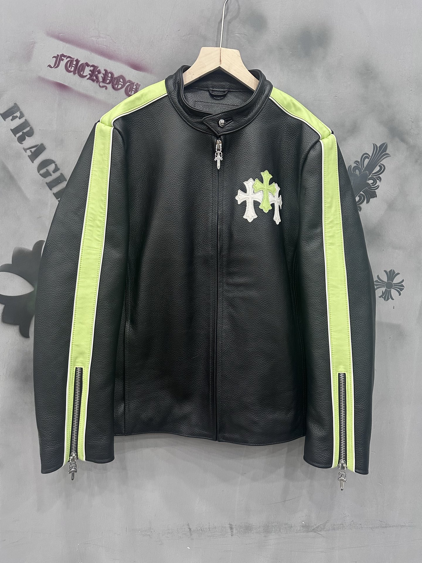 CH Chrome Hearts classic zip-up color-blocked motorcycle leather jacket. Sizes: S-XXL