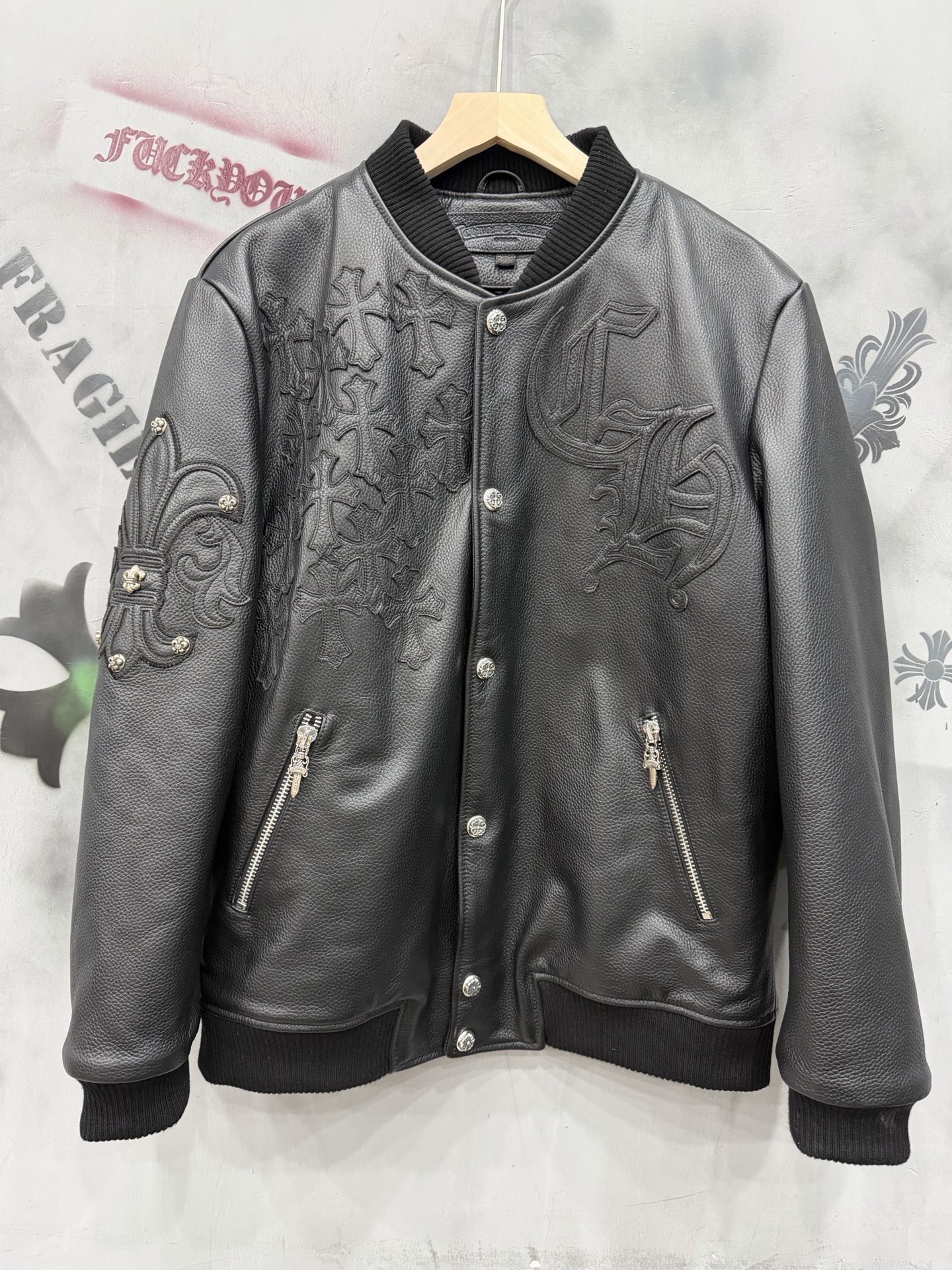 CH Chrome Hearts full-grain natural tumbled leather quilted heavy-duty baseball jacket. Sizes: XS-XXL