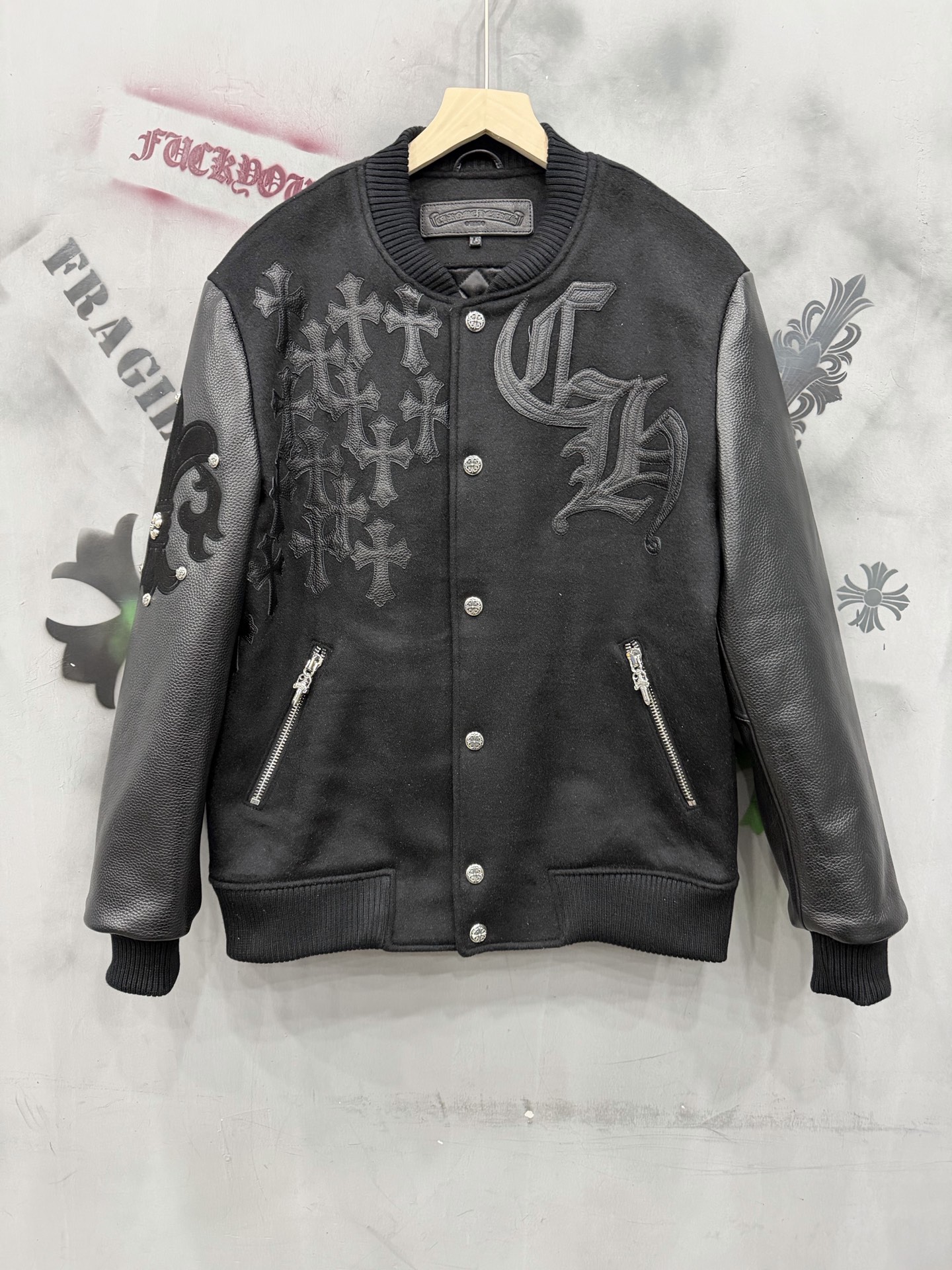 CH Chrome Hearts Heavy-Duty 100% Cashmere and Leather-Lined Baseball Jacket. Sizes: S-XXL