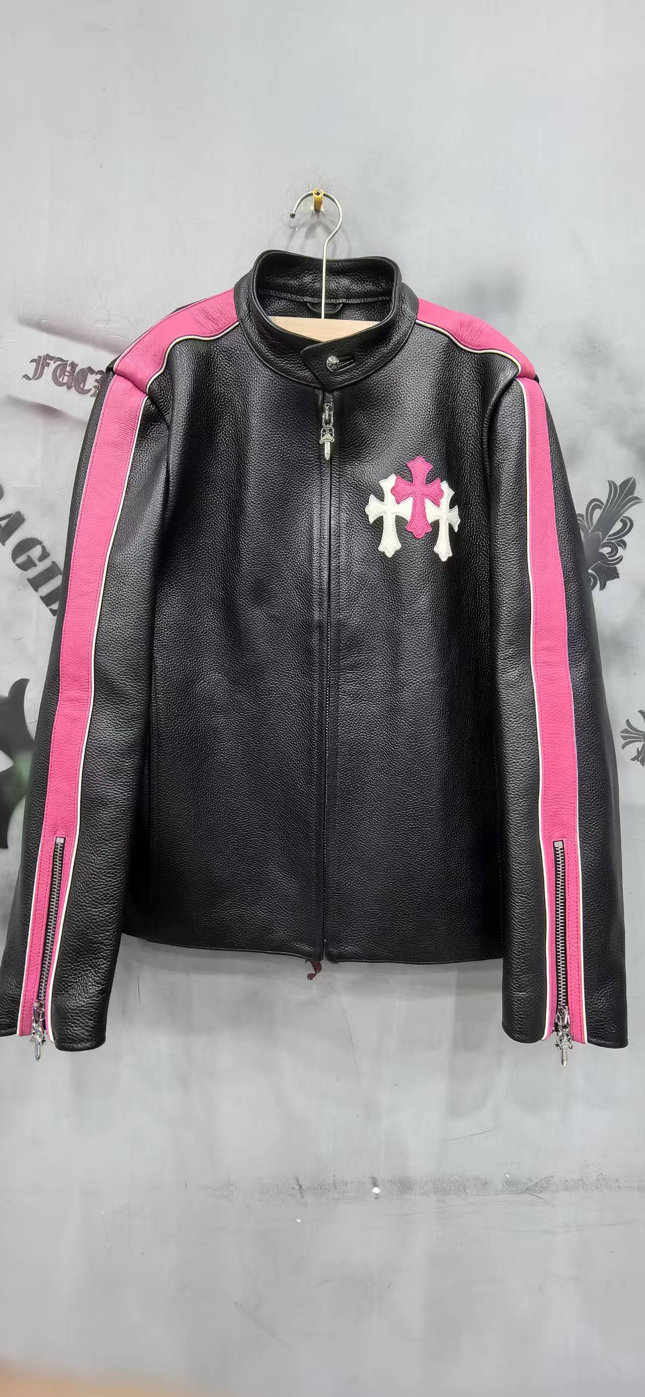 CH Chrome Hearts classic zip-up pink biker leather jacket. Sizes: S-XXL