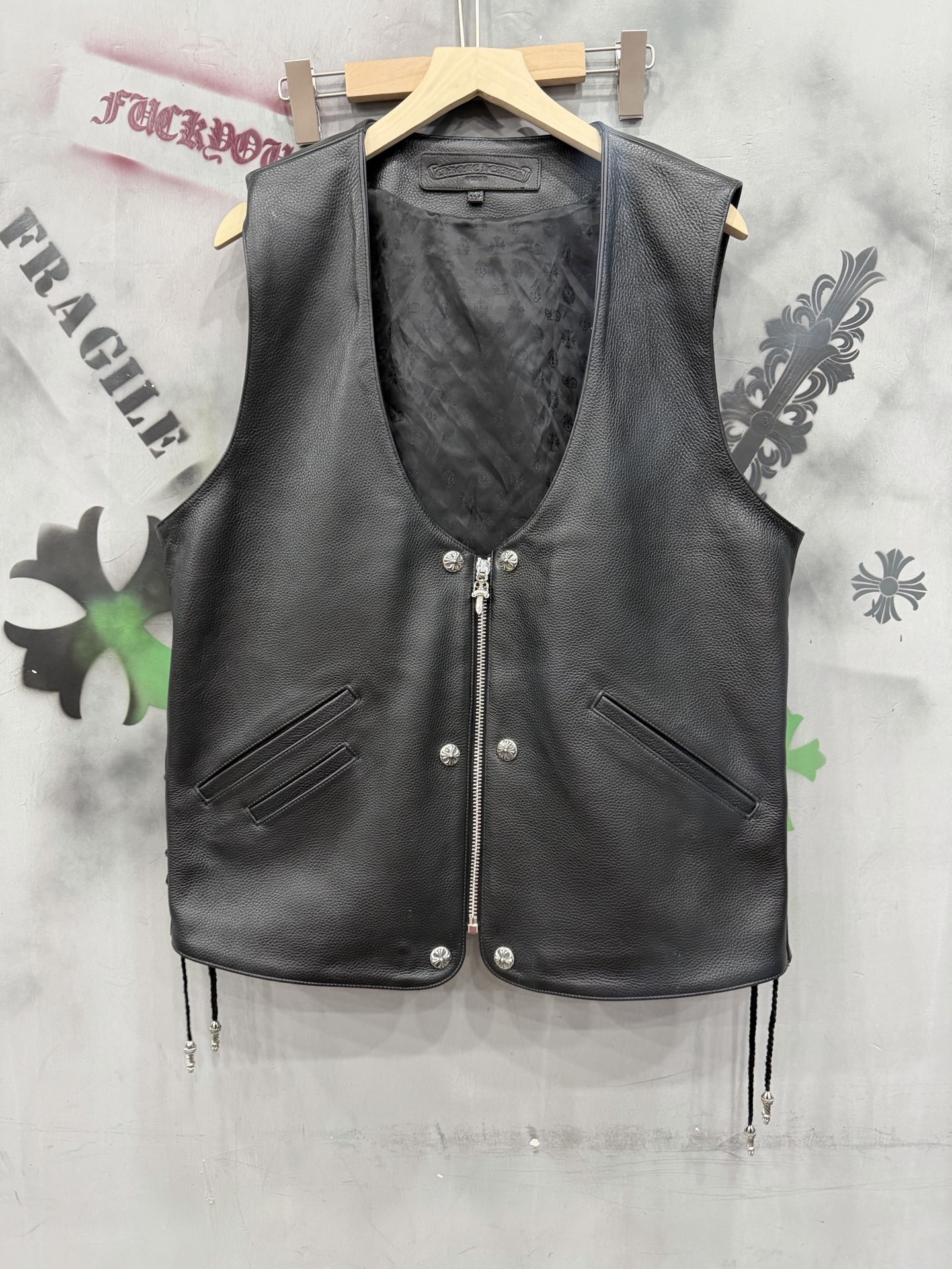 CH Chrome Hearts Heavy Industry Flame Cross Full Leather Motorcycle Vest. Sizes: S-XXL