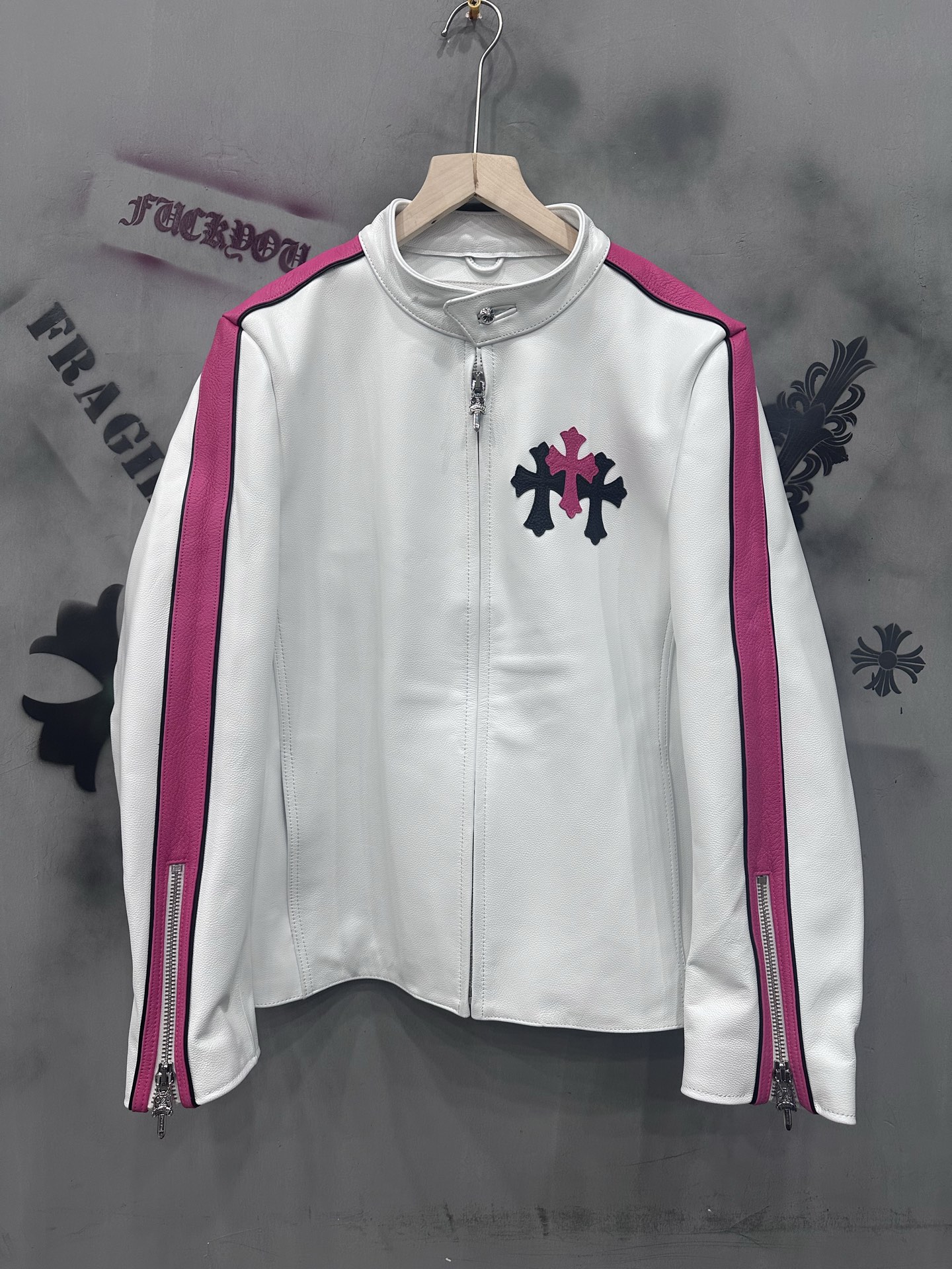 CH Chrome Hearts classic zip-up color-blocked motorcycle leather jacket. Sizes: S-XXL