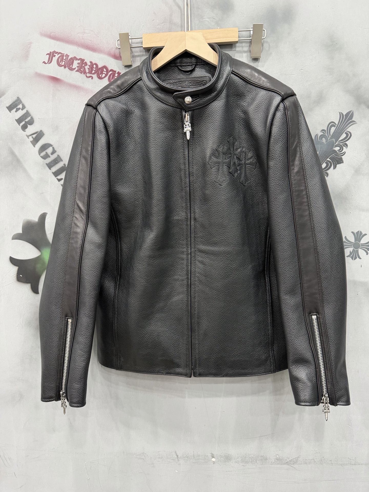 CH Chrome Hearts classic zip-up black leather biker jacket. Sizes: S-XXL