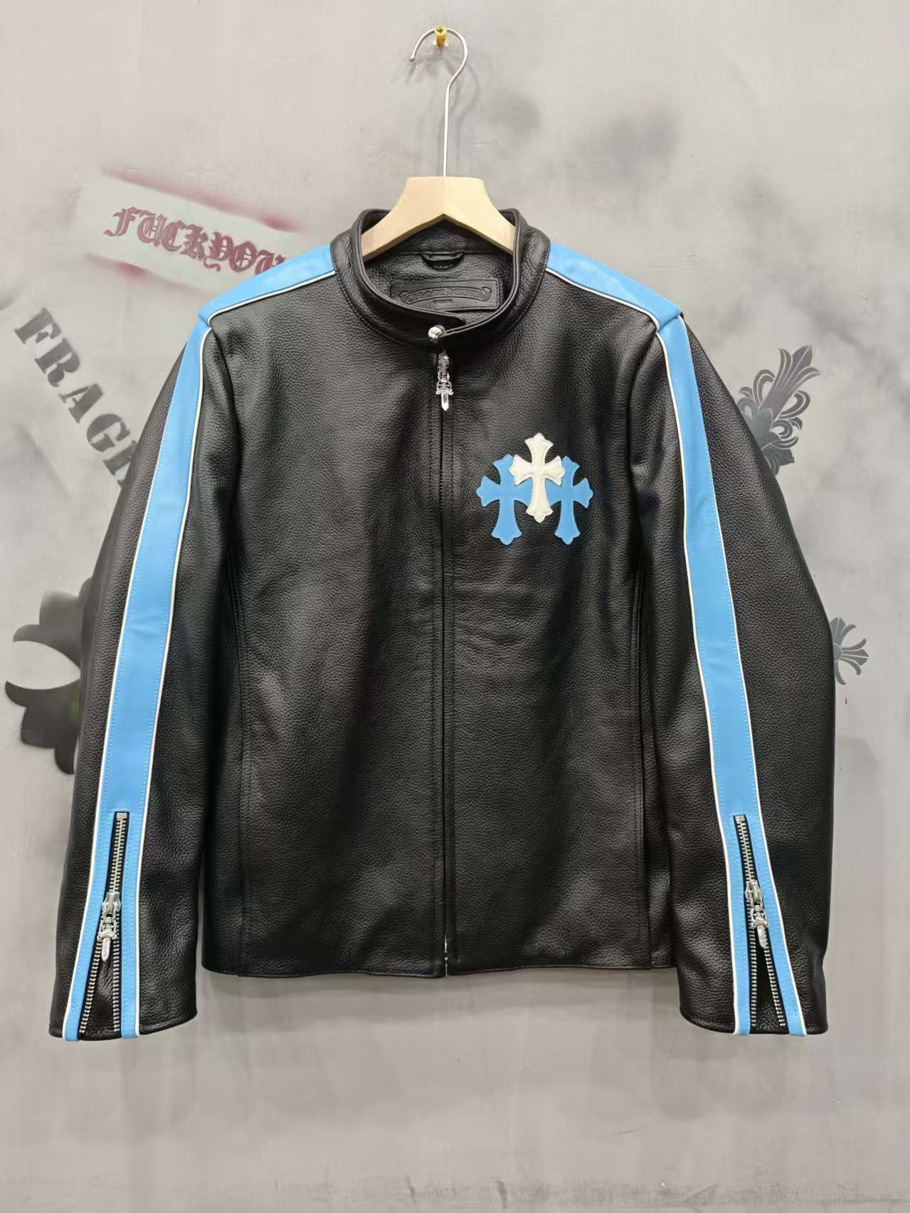 CH Chrome Hearts classic zip-up color-blocked natural tumbled leather motorcycle jacket. Sizes: S-XXL