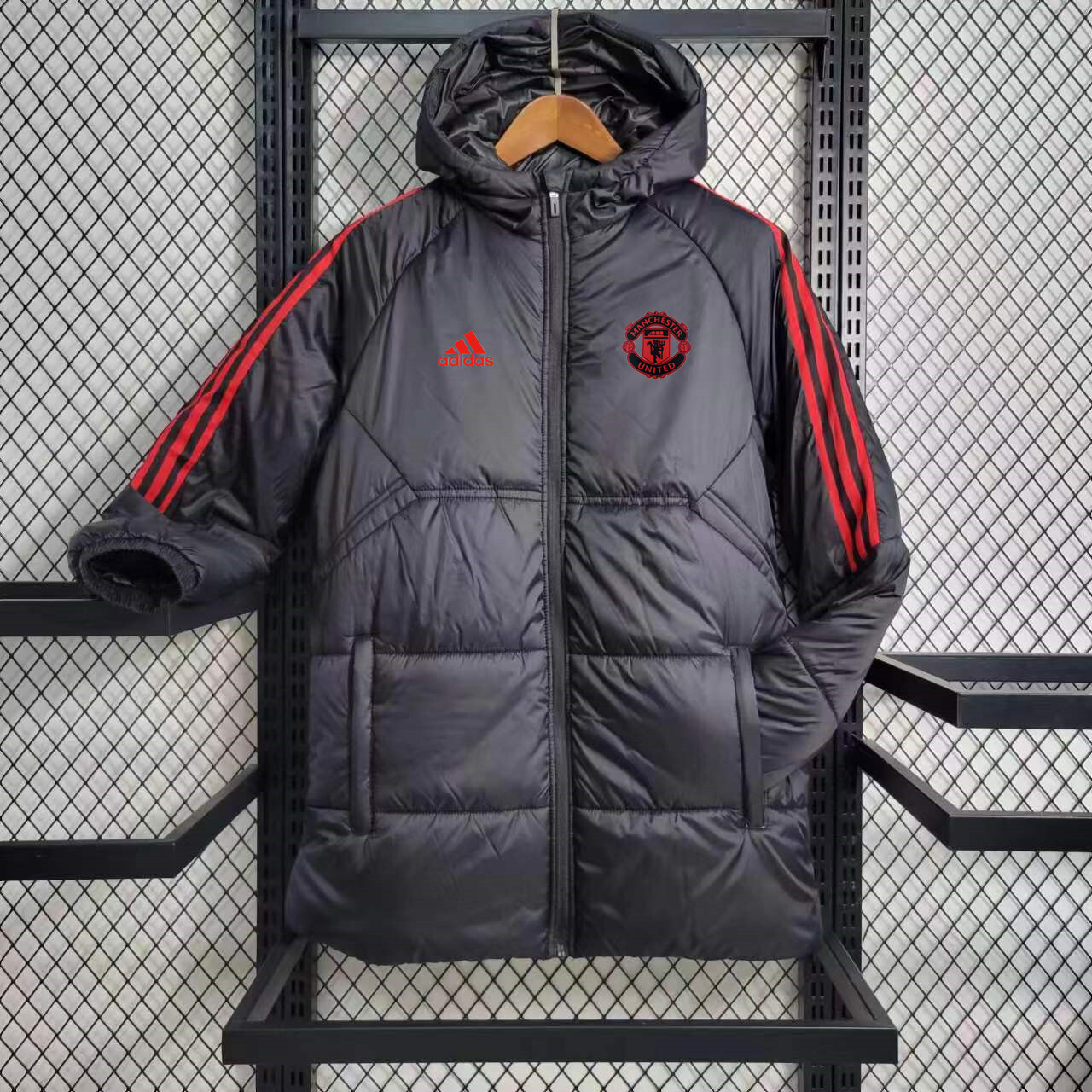 Manchester United Winter Puffer Jacket – Black & Red Adidas Bench Coat | Men's Football Outerwear