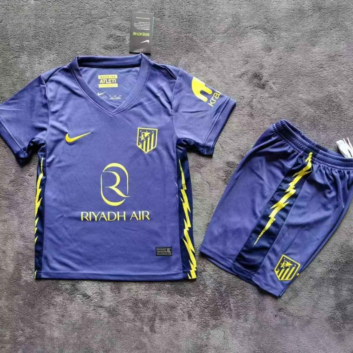 Atletico Madrid 25/26 Kids Third Jersey & Shorts Set Purple Yellow | Nike Riyadh Air Sponsor